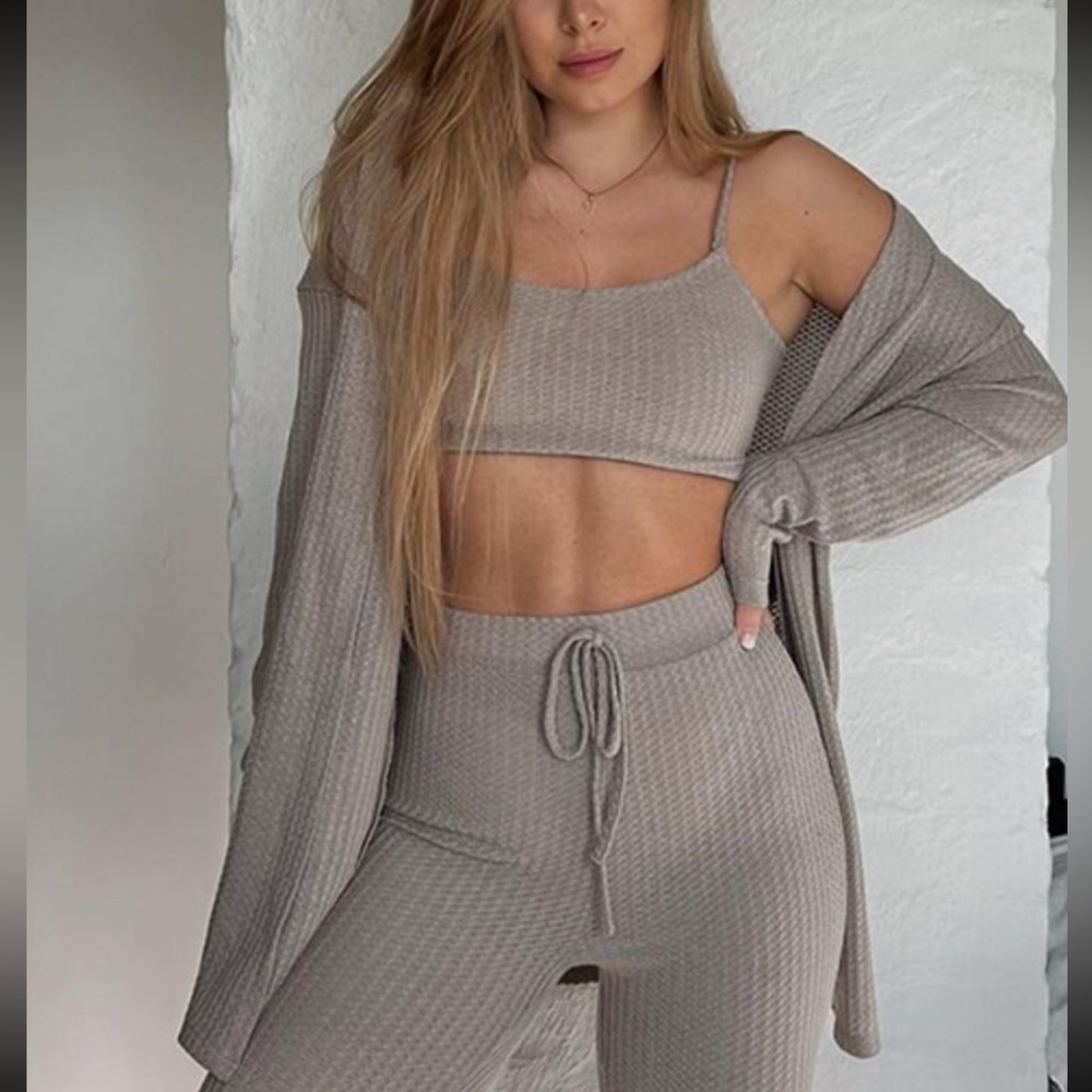 3 piece set: Waffle Knit Tank Top & Leggings & Coat cardigan tan gray